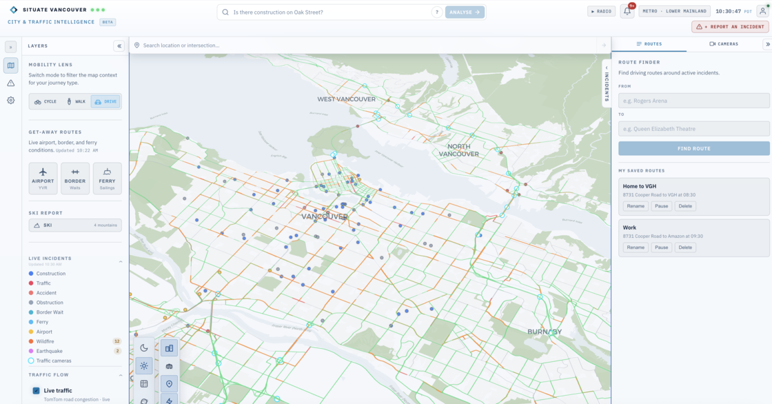 The Situate Vancouver map showing live incidents and transit across Metro Vancouver